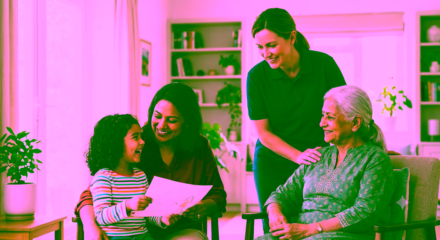 A Dendera Care carer visiting while three generations of a family spend time together