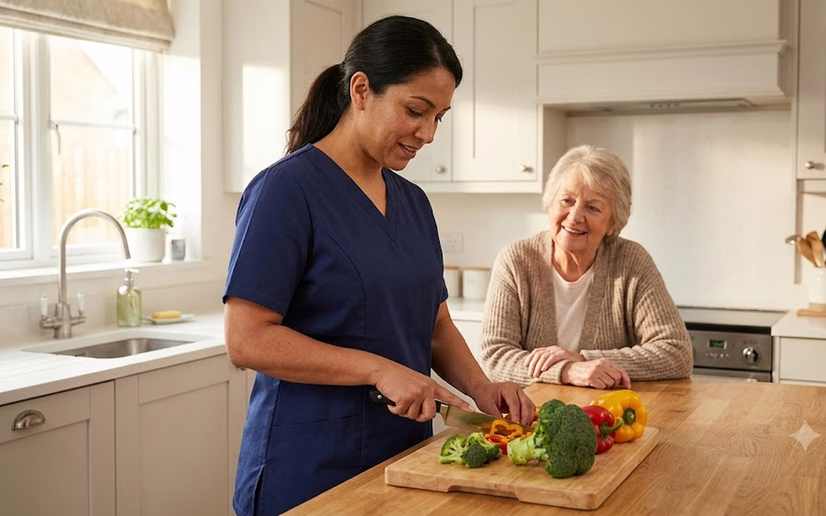 A Dendera Care carer preparing vegetables in the kitchen while an older woman looks on and smiles