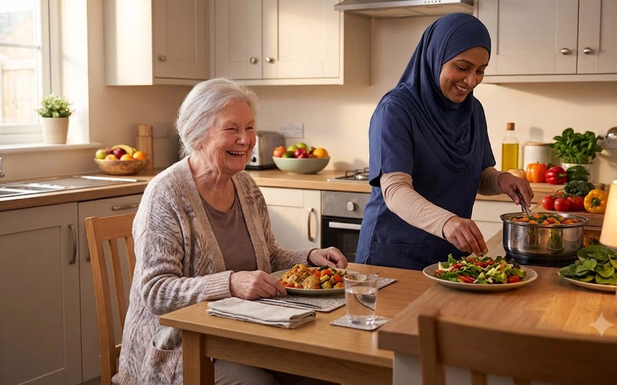 A Dendera Care carer wearing a hijab preparing a meal while an older woman enjoys her plate at the table