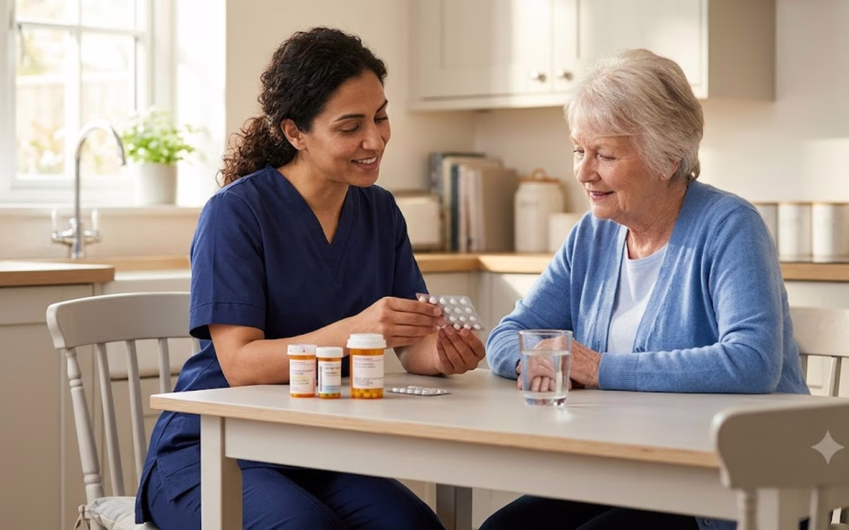 A Dendera Care carer going through medication with an older woman at the kitchen table