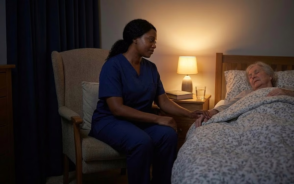 A Dendera Care carer sitting beside an older woman resting in bed at night, holding her hand