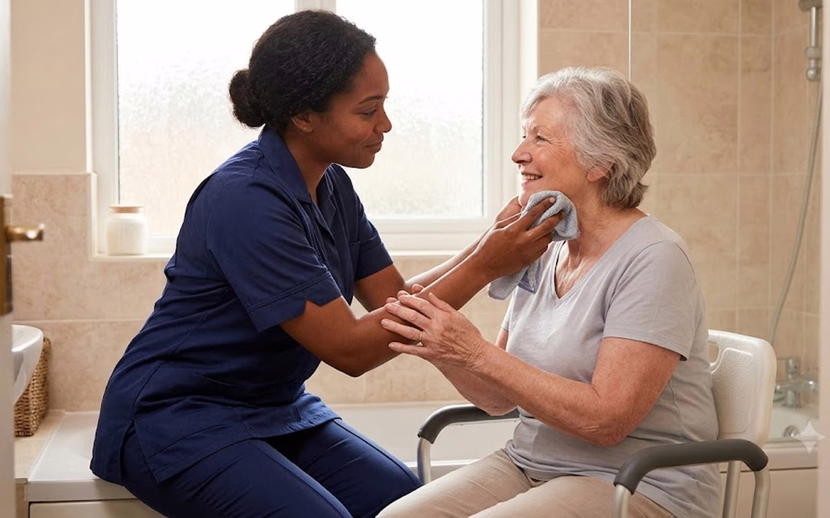 A Dendera Care carer gently helping an older woman freshen up in the bathroom