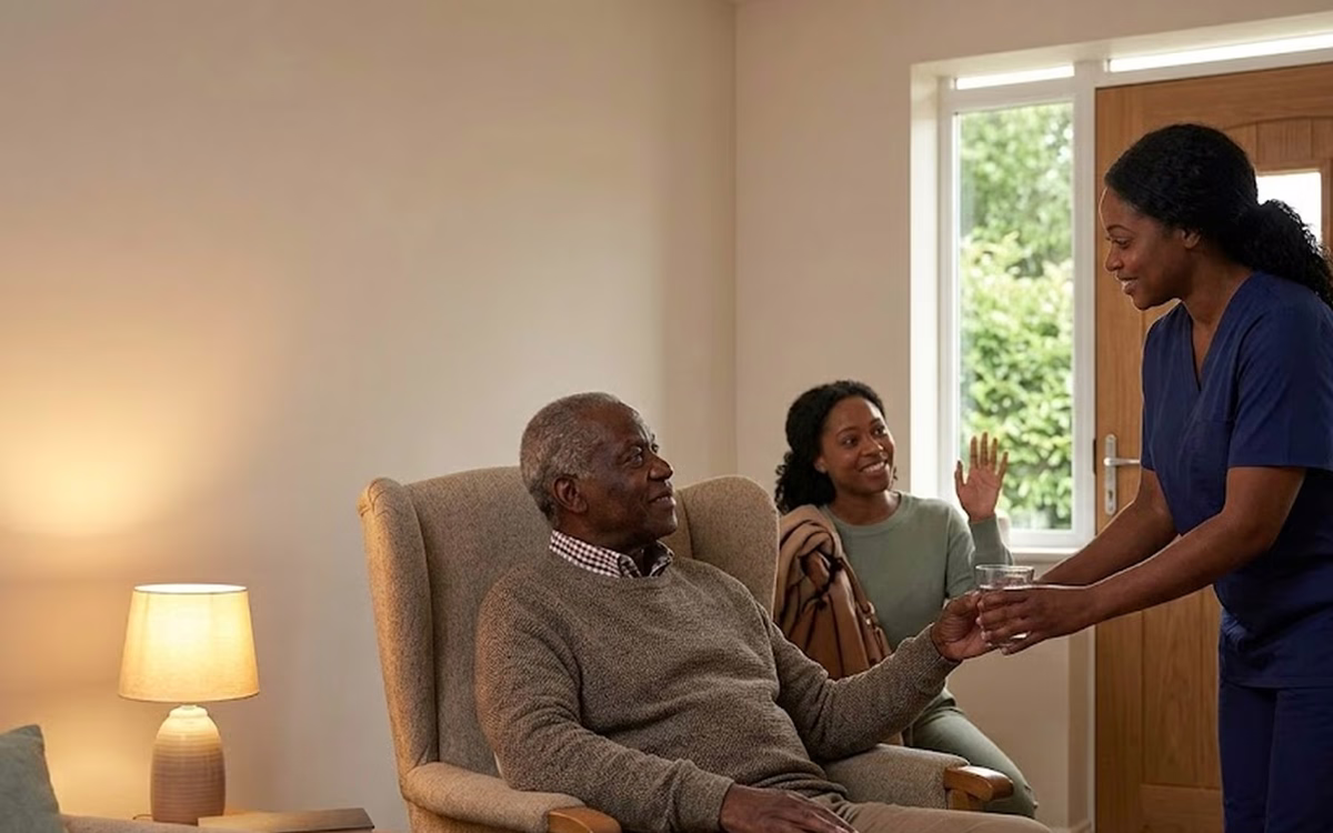A Dendera Care carer bringing a glass of water to an older man, with his daughter visiting alongside